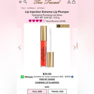 Tangerine Dream Extreme Plump Too Faced Lip Injection Gloss Bold Orange FULLSIZE